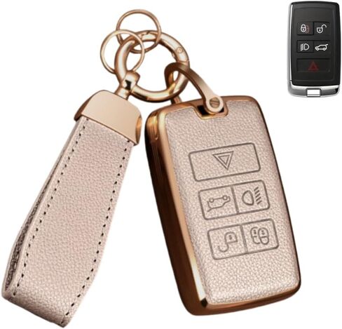 غطاء مفتاح Fob لسيارة Range Rover مع سلسلة مفاتيح، جلد علوي + غطاء غطاء مفتاح ناعم من مادة TPU لسيارة Jaguar XE XJ XF، Land Rover Sport Velar Evoque Defender Discovery (كريمي) in Kuwait