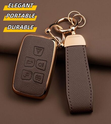 غطاء مفتاح Fob لسيارة Range Rover مع سلسلة مفاتيح، جلد علوي + غطاء غطاء مفتاح ناعم من مادة TPU لسيارة Jaguar XE XJ XF، Land Rover Sport Velar Evoque Defender Discovery (كريمي) in Kuwait