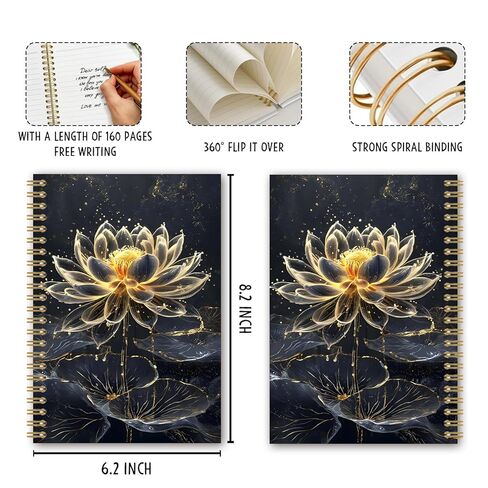 BEHIFL Black and Gold Lotus Floral Spiral Divine Energy Meditation Notebook, Mystical Glitter Lotus Flower Journal, Zen Gifts for Women, Dark Gold Water Lily Plant Notebook Journal, 5.5x8.3 Inches in Saudi Arabia