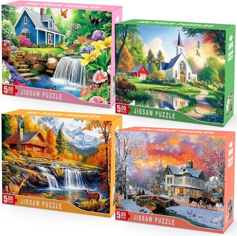 4 Packs 500 Piece Puzzles for Adults – 4 Seasonal Landscape Puzzle Set Scenic House & Nature Jigsaw Puzzle, Colorful Adult Jigsaw Puzzles for Stress Relief, Family Fun, Mindfulness & Gifts in Saudi Arabia