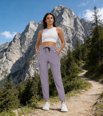 Women's Quick Dry Cargo Pants Water Resistant Hiking Pants Lightweight High Waisted Pants Zipper Pocket QYY24013 in Kuwait
