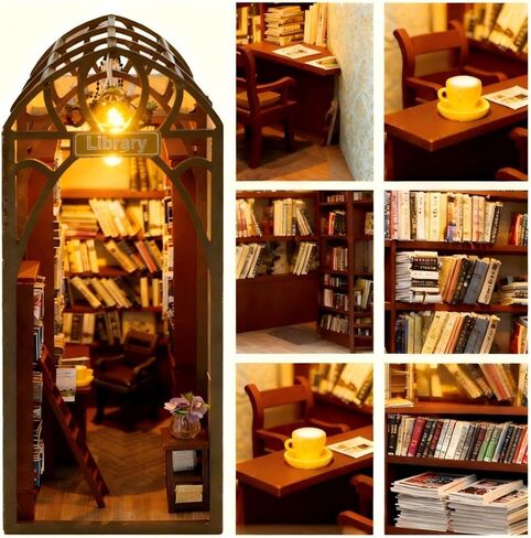 مجموعة زوايا الكتب التي يمكنك صنعها بنفسك مع مصابيح LED، وإدراج رف الكتب الخشبي ثلاثي الأبعاد وديكور بيت الدمى، ومجموعة بناء النماذج الإبداعية مع الأثاث للمكتب المنزلي، أو المكتبة، أو كدفاتر in Kuwait