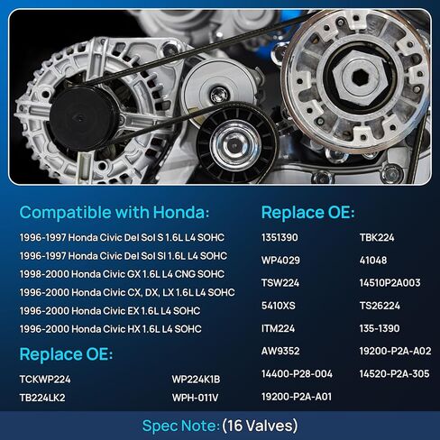 طقم حزام توقيت المحرك مع حشوات مضخة المياه الموتر متوافق مع 1996-2000 Honda Civic 1.6، 1996-1997 Civic del Sol، 1.6L L4 SOHC، استبدال TKH005 in Saudi Arabia