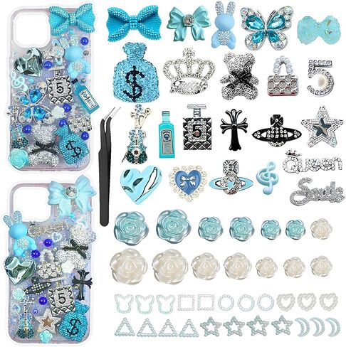 مجموعة سحر حافظة الهاتف غير المرغوب فيها، ملصقات حافظة هاتف لامعة زرقاء مع صندوق تخزين، إكسسوارات DIY للحقائب والأحذية والحرف اليدوية، سحر للأظافر DIY، قوس لطيف، مثقاب مسطح من الراتنج، حروف النجوم، الفراشة in Kuwait