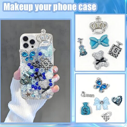 مجموعة سحر حافظة الهاتف غير المرغوب فيها، ملصقات حافظة هاتف لامعة زرقاء مع صندوق تخزين، إكسسوارات DIY للحقائب والأحذية والحرف اليدوية، سحر للأظافر DIY، قوس لطيف، مثقاب مسطح من الراتنج، حروف النجوم، الفراشة in Kuwait