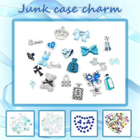 مجموعة سحر حافظة الهاتف غير المرغوب فيها، ملصقات حافظة هاتف لامعة زرقاء مع صندوق تخزين، إكسسوارات DIY للحقائب والأحذية والحرف اليدوية، سحر للأظافر DIY، قوس لطيف، مثقاب مسطح من الراتنج، حروف النجوم، الفراشة in Kuwait