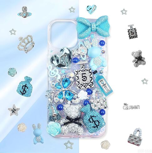 مجموعة سحر حافظة الهاتف غير المرغوب فيها، ملصقات حافظة هاتف لامعة زرقاء مع صندوق تخزين، إكسسوارات DIY للحقائب والأحذية والحرف اليدوية، سحر للأظافر DIY، قوس لطيف، مثقاب مسطح من الراتنج، حروف النجوم، الفراشة in Kuwait