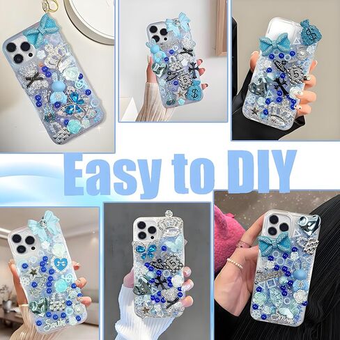 مجموعة سحر حافظة الهاتف غير المرغوب فيها، ملصقات حافظة هاتف لامعة زرقاء مع صندوق تخزين، إكسسوارات DIY للحقائب والأحذية والحرف اليدوية، سحر للأظافر DIY، قوس لطيف، مثقاب مسطح من الراتنج، حروف النجوم، الفراشة in Kuwait