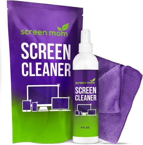 طقم منظف الشاشة Screen Mom 8oz (عبوتان) لتلفزيون LED وLCD، وشاشة الكمبيوتر، والإلكترونيات، والهاتف، وتنظيف الكمبيوتر المحمول، وiPad، والشاشة المسطحة - يتضمن (2) زجاجات رش 8oz وقماش كبير من الألياف الدقيقة in Kuwait