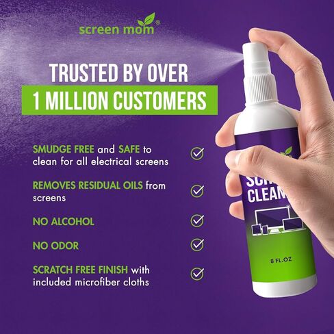 طقم منظف الشاشة Screen Mom 8oz (عبوتان) لتلفزيون LED وLCD، وشاشة الكمبيوتر، والإلكترونيات، والهاتف، وتنظيف الكمبيوتر المحمول، وiPad، والشاشة المسطحة - يتضمن (2) زجاجات رش 8oz وقماش كبير من الألياف الدقيقة in Kuwait