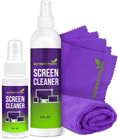 طقم منظف الشاشة Screen Mom 8oz (عبوتان) لتلفزيون LED وLCD، وشاشة الكمبيوتر، والإلكترونيات، والهاتف، وتنظيف الكمبيوتر المحمول، وiPad، والشاشة المسطحة - يتضمن (2) زجاجات رش 8oz وقماش كبير من الألياف الدقيقة in Kuwait