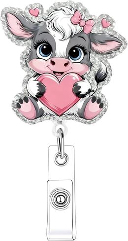 Valentines Funny Badge Reel for Nurse Cute Cow with Heart Design Retractable Alligator Acrylic Badge Clip for Nursing Holiday Badge Reel for Doctors Teacher Social Worker Business Card in Saudi Arabia