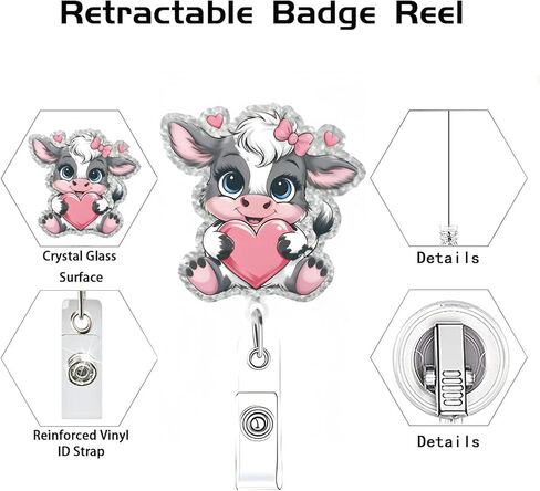 Valentines Funny Badge Reel for Nurse Cute Cow with Heart Design Retractable Alligator Acrylic Badge Clip for Nursing Holiday Badge Reel for Doctors Teacher Social Worker Business Card in Saudi Arabia