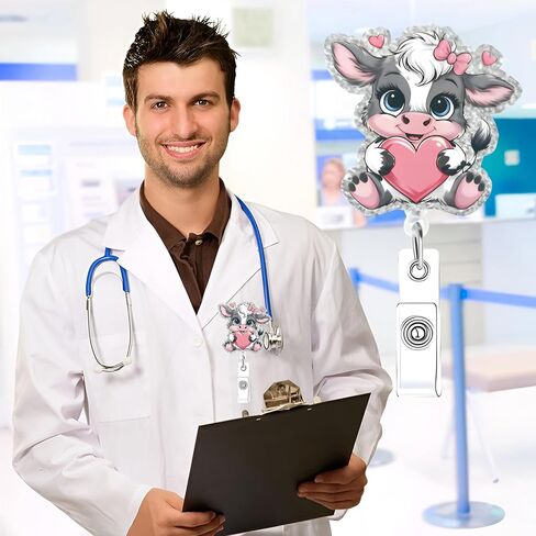Valentines Funny Badge Reel for Nurse Cute Cow with Heart Design Retractable Alligator Acrylic Badge Clip for Nursing Holiday Badge Reel for Doctors Teacher Social Worker Business Card in Saudi Arabia