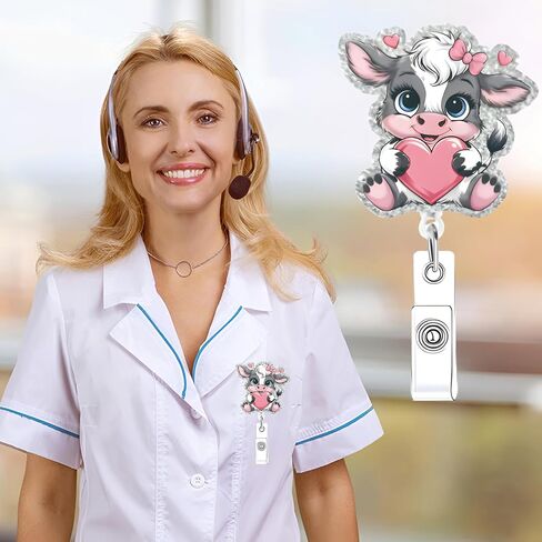 Valentines Funny Badge Reel for Nurse Cute Cow with Heart Design Retractable Alligator Acrylic Badge Clip for Nursing Holiday Badge Reel for Doctors Teacher Social Worker Business Card in Saudi Arabia