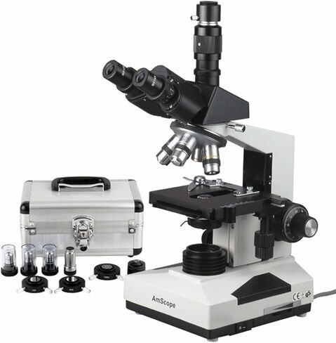 AmScope T490A-PCT مجهر ثلاثي العينيات مركب مع برج متباين الطور، عدسات WF10x وWF16x، تكبير 40X-1600X، برايتفيلد/داركفيلد، إضاءة هالوجين، مكثف آبي، مسرح ميكانيكي مزدوج الطبقة، رأس منزلق، بصري عالي الدقة in Kuwait