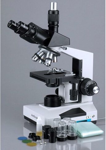 AmScope T490A-PCT مجهر ثلاثي العينيات مركب مع برج متباين الطور، عدسات WF10x وWF16x، تكبير 40X-1600X، برايتفيلد/داركفيلد، إضاءة هالوجين، مكثف آبي، مسرح ميكانيكي مزدوج الطبقة، رأس منزلق، بصري عالي الدقة in Kuwait