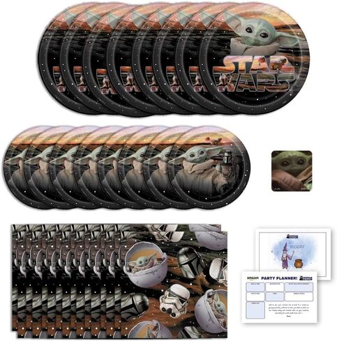 لوازم حفلات أعياد الميلاد السعيدة للأطفال من بيبي يودا ماندالوريان، تكفي 8 أشخاص، ديكور وأدوات طعام مع أطباق ومناديل وملصقات وقائمة تخطيط الحفلات in Kuwait