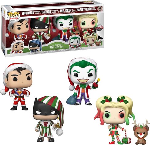 Funko Pop! DC Comics Christmas 4 Pack Special Edition Exclusive Vinyl Figures - Superman in Holiday Sweater, Batman as Ebenezer Scrooge, The Joker as Santa, Harley Quinn with Helper in Saudi Arabia