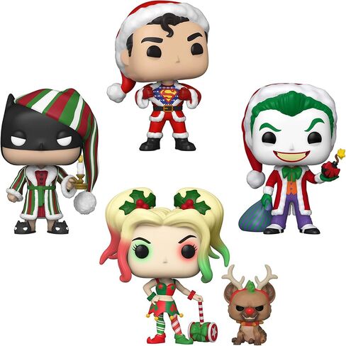 Funko Pop! DC Comics Christmas 4 Pack Special Edition Exclusive Vinyl Figures - Superman in Holiday Sweater, Batman as Ebenezer Scrooge, The Joker as Santa, Harley Quinn with Helper in Saudi Arabia