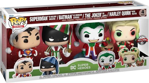 Funko Pop! DC Comics Christmas 4 Pack Special Edition Exclusive Vinyl Figures - Superman in Holiday Sweater, Batman as Ebenezer Scrooge, The Joker as Santa, Harley Quinn with Helper in Saudi Arabia