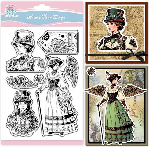 GLOBLELAND Vintage Steampunk Label Clear Stamps for Card Making Retro Woman Silicone Clear Stamps Mechanical Wings Transparent Stamp Seal for DIY Scrapbooking Embossing Photo Album Decor in Saudi Arabia