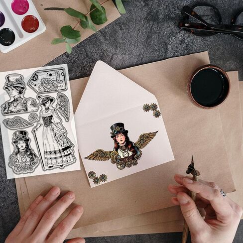 طوابع شفافة من GLOBLELAND Vintage Steampunk لصنع البطاقات، طوابع شفافة من السيليكون للمرأة الرجعية، أجنحة ميكانيكية، ختم شفاف لديكور القصاصات بنفسك، ديكور ألبوم الصور in Kuwait