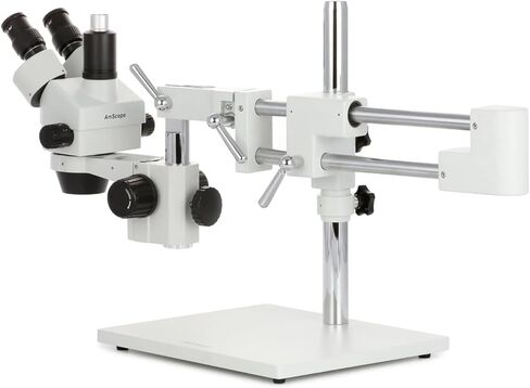 AmScope SM-4TZ-56S مجهر تكبير ستيريو ثلاثي العينيات احترافي، عدسات WH10x، تكبير 3.5X-90X، هدف تكبير 0.7X-4.5X، ضوء حلقة LED 56 لمبة، حامل ذراع مزدوج، 110 فولت-120 فولت، 110 فولت-240 فولت، تتضمن عدسة بارلو 0.5X و2.0X in Kuwait