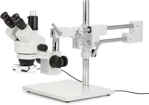 AmScope SM-4TZ-56S مجهر تكبير ستيريو ثلاثي العينيات احترافي، عدسات WH10x، تكبير 3.5X-90X، هدف تكبير 0.7X-4.5X، ضوء حلقة LED 56 لمبة، حامل ذراع مزدوج، 110 فولت-120 فولت، 110 فولت-240 فولت، تتضمن عدسة بارلو 0.5X و2.0X in Kuwait