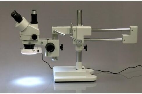 AmScope SM-4TZ-56S مجهر تكبير ستيريو ثلاثي العينيات احترافي، عدسات WH10x، تكبير 3.5X-90X، هدف تكبير 0.7X-4.5X، ضوء حلقة LED 56 لمبة، حامل ذراع مزدوج، 110 فولت-120 فولت، 110 فولت-240 فولت، تتضمن عدسة بارلو 0.5X و2.0X in Kuwait