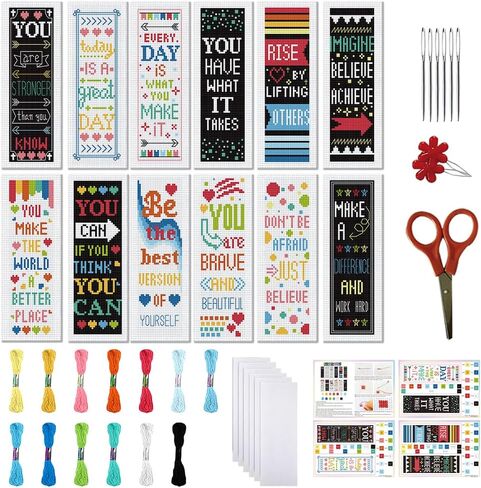 FREEBLOSS 12 Set Cross Stitch Bookmark Kit for Adult Beginners Stamped Cross Stitch Kits Inspirational Copywriting Embroidery Bookmarks Craft Kit with Instructions for Gift 11CT 8"x2.4" in Saudi Arabia