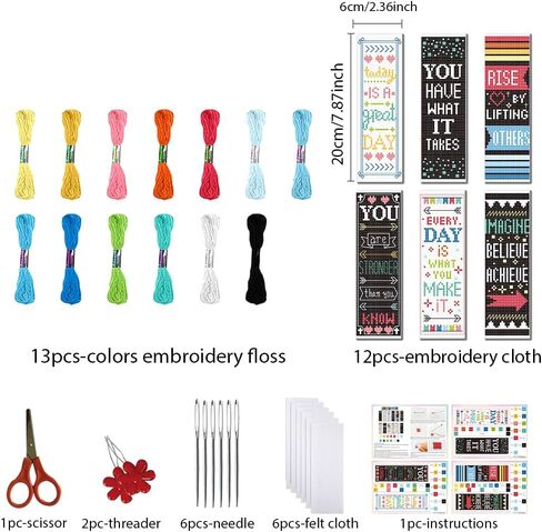 FREEBLOSS 12 Set Cross Stitch Bookmark Kit for Adult Beginners Stamped Cross Stitch Kits Inspirational Copywriting Embroidery Bookmarks Craft Kit with Instructions for Gift 11CT 8"x2.4" in Saudi Arabia