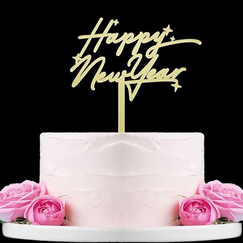 غلاف كعكة Happy New Year، أكريليك ذهبي عاكس، نص احتفالي مع لمسات نجوم in Saudi Arabia