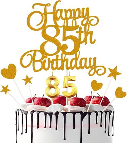 أعلى كعكة عيد ميلاد سعيد 85، شموع عيد الميلاد الخامس والثمانون، لوازم تزيين حفلات الذكرى السنوية 85 لتزيين الكيك، طبقة علوية لامعة للكيك in Saudi Arabia