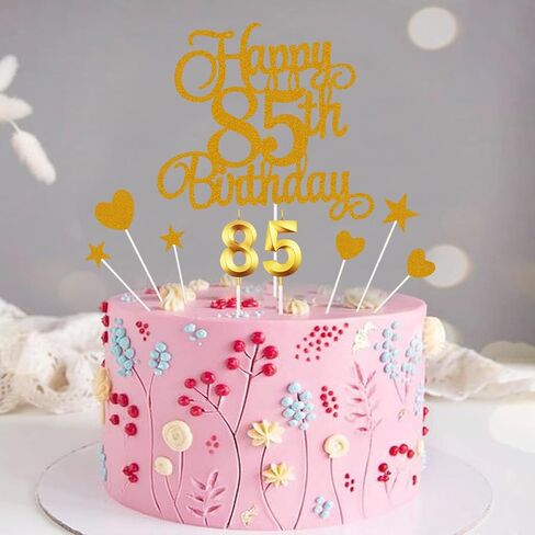 أعلى كعكة عيد ميلاد سعيد 85، شموع عيد الميلاد الخامس والثمانون، لوازم تزيين حفلات الذكرى السنوية 85 لتزيين الكيك، طبقة علوية لامعة للكيك in Saudi Arabia