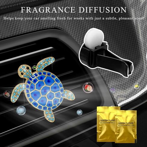 2PCS Sea Turtles Car Decor, Cute Beach Themed Aroma Diffuser Bling Auto Air Vent Clip, Sparkly Rhinestone Tortoise Crystal Air Conditioning Outlet Charm for Most Vehicles (Blue) in Saudi Arabia