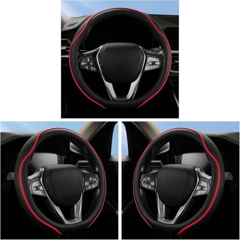 OURTIME Leather Two-Tone Car Steering Wheel Cover,Universal 15-inch, Anti-Slip, Safety, Soft, Breathable, Heavy Duty, Thick, Full Surround, Sports Style (Black with red) in Saudi Arabia