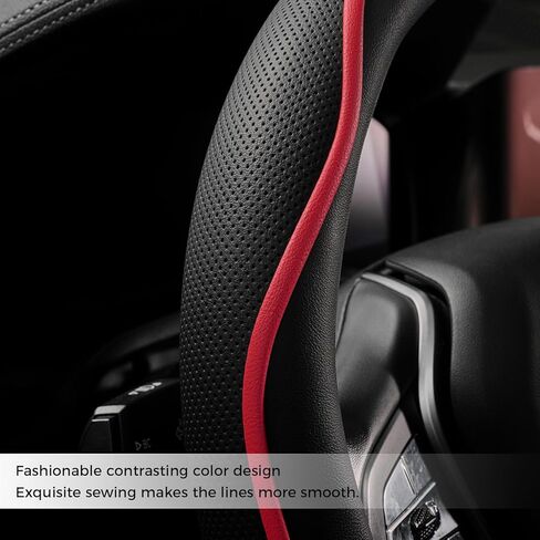 OURTIME Leather Two-Tone Car Steering Wheel Cover,Universal 15-inch, Anti-Slip, Safety, Soft, Breathable, Heavy Duty, Thick, Full Surround, Sports Style (Black with red) in Saudi Arabia