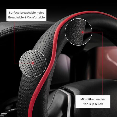 OURTIME Leather Two-Tone Car Steering Wheel Cover,Universal 15-inch, Anti-Slip, Safety, Soft, Breathable, Heavy Duty, Thick, Full Surround, Sports Style (Black with red) in Saudi Arabia