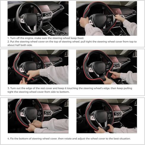 OURTIME Leather Two-Tone Car Steering Wheel Cover,Universal 15-inch, Anti-Slip, Safety, Soft, Breathable, Heavy Duty, Thick, Full Surround, Sports Style (Black with red) in Saudi Arabia