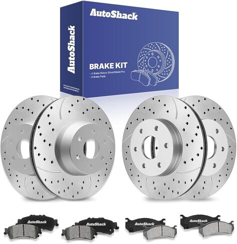 دوارات الفرامل الأمامية والخلفية المحفورة والمشقوقة من AutoShack بديلة لبطانة الفرامل السيراميكية الفاخرة لسيارة GMC Sierra 1500 Classic شيفروليه سيلفرادو 1500 4WD طقم فرامل مكون من 12 قطعة من ShadowGuard in Saudi Arabia