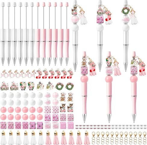 Christmas Beadable Pens Kit - 12 Set Xmas DIY Ballpoint Pen Making with Acrylic Bead Craft for Kids, Christmas Party Vintage Pink Beaded Pen Bulk Charm Crafting Supplies for School Student Gift in Saudi Arabia