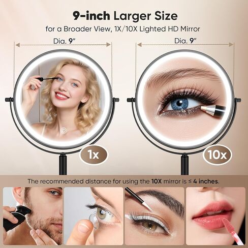 Large 9" Professional Lighted Makeup Mirror - Height & Brightness Adjustable, Rechargeable 2-Sided 1x/10x Magnifying HD Brighter Mirror- 88 Surgical-grade LEDs, 3 Colors Dimmable, 360° Swivel (Chrome) in Saudi Arabia