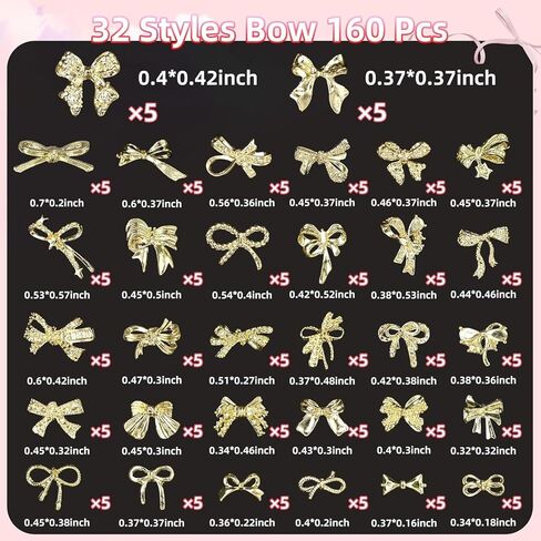 160 قطعة من أقواس الأظافر الذهبية، 32 نمطًا من سبيكة Bowknot الذهبية للأظافر in Saudi Arabia