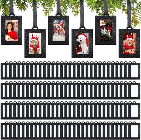 100 Pcs Hanging Christmas Tree Mini Picture Frames Small Picture Frame Ornaments 2x3 Inch Black Photo Frames Glitter Paper Picture Frame with Ribbon for Family Photo Wall Table Decor in Saudi Arabia