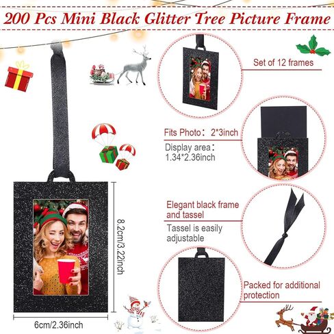 100 Pcs Hanging Christmas Tree Mini Picture Frames Small Picture Frame Ornaments 2x3 Inch Black Photo Frames Glitter Paper Picture Frame with Ribbon for Family Photo Wall Table Decor in Saudi Arabia