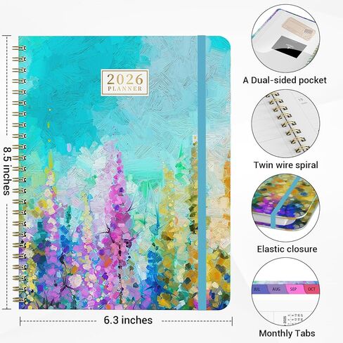 2026 Planner,2026 Planner Weekly and Monthly from Jan. 2026 - Dec. 2026,6.3" x 8.5", 2026 Calendar Planner for Women with Tabs, Spiral Bound, Inner Pocket, Perfect for School Office Supplies-Purple Oil Painting in Kuwait