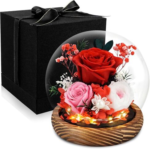 KDM Preserved Roses Gifts for Women Mom Grandma Friend,Long-Lasting Real Flowers in Glass Dome with LED Strip,for Mothers Day Valentines Christmas Thanksgiving （Champagne Austin Yellow Rose） in Kuwait