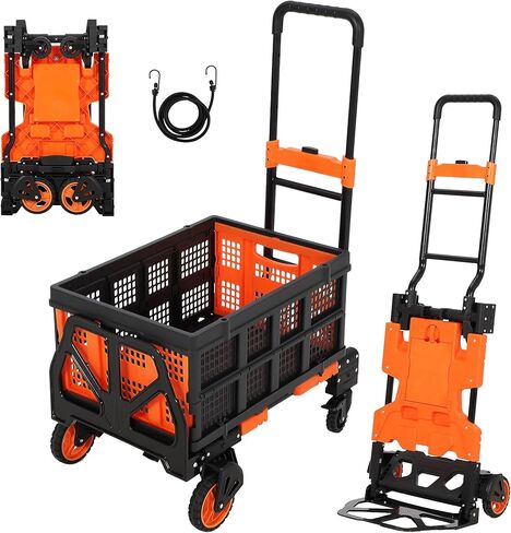 2-in-1 Folding Hand Truck Dolly with Collapsible Basket - 330Lb Capacity, 4-Wheel Design & Retractable Handle, Portable Cart for Moving, Shopping (Red) in Saudi Arabia