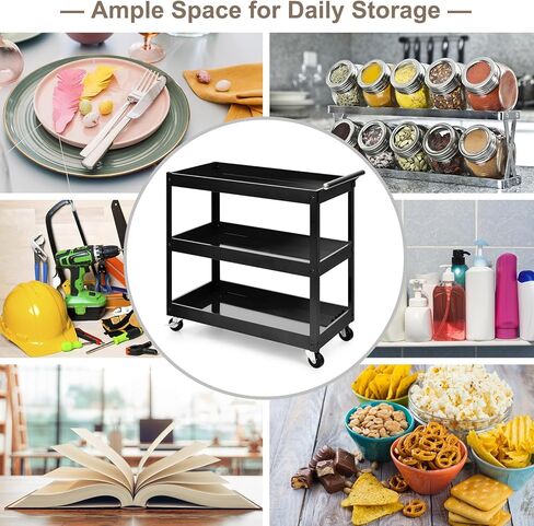 IRONMAX 3 Tier Utility Cart, Heavy Duty Metal Rolling Cart on Wheels with Brake, 330LBS Capacity Push Service Tool Cart for Kitchen Office Workshop Garage Restaurant (Red) in Saudi Arabia